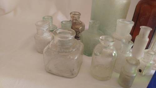 Delightful large 17 vintage ink, medicine glass bottle collection in blue and green