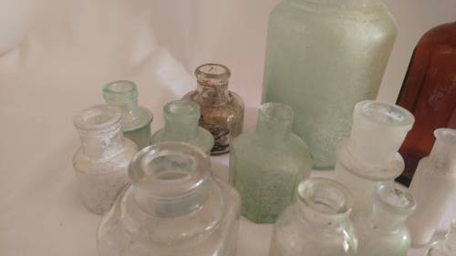 Delightful large 17 vintage ink, medicine glass bottle collection in blue and green