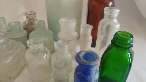 Delightful large 17 vintage ink, medicine glass bottle collection in blue and green