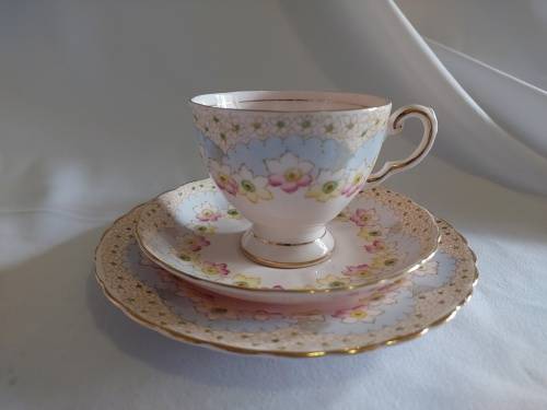Delicate Tuscan Blossom pink and blue design Tea trio