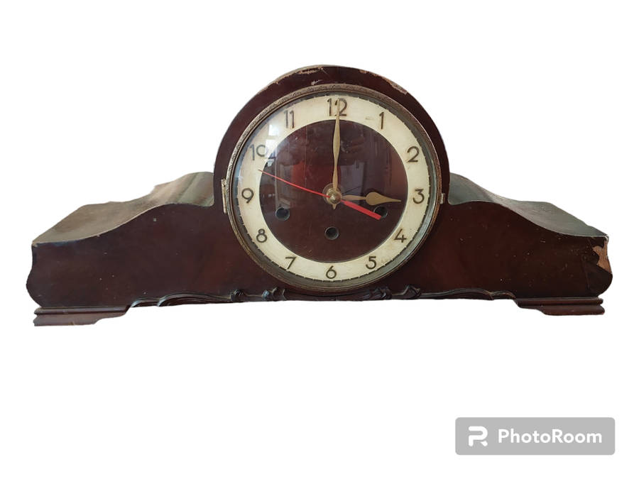 Mantel clock case with battery replacement needs restoration