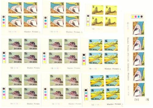 Rhodesia 1970 issue, Decimal Definitive Control blocks 1c too 1 dollar, hinge on margin.