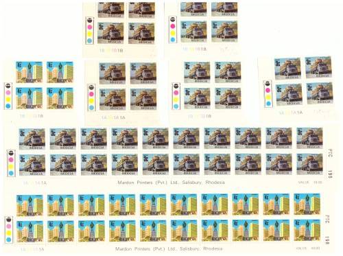 Rhodesia 1973 issue, Decimal Definitive 4 strip of the bottom sheets, hinge on margin.Control blocks