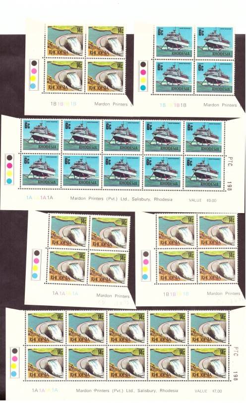 Rhodesia 1973 issue, Decimal Definitive 4 strip of the bottom sheets, hinge on margin.Control blocks