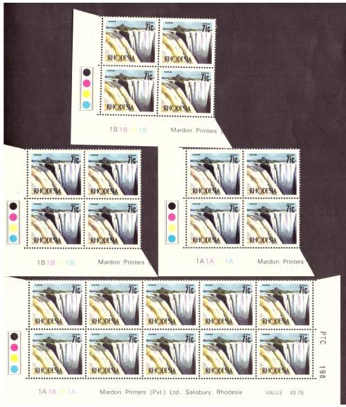 Rhodesia 1973 issue, Decimal Definitive 4 strip of the bottom sheets, hinge on margin.Control blocks