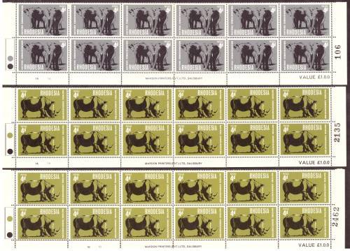 Rhodesia 1967 issue. Flora and Fauna.  10 strip of the bottom sheets, hinge on margin. and blocks.