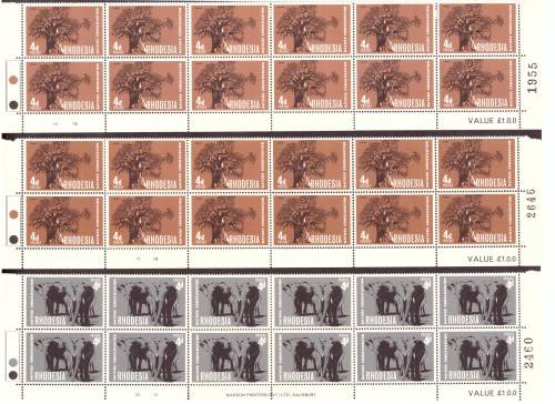 Rhodesia 1967 issue. Flora and Fauna.  10 strip of the bottom sheets, hinge on margin. and blocks.