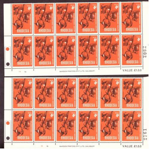 Rhodesia 1967 issue. Flora and Fauna.  10 strip of the bottom sheets, hinge on margin. and blocks.