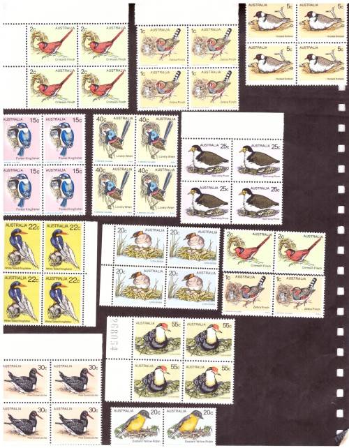Australia .Scott cat. 751-755 and 732-739.  1978-80 issue.  MNH in blocks.And gutter.