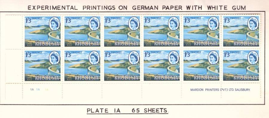 Rhodesia  1966-70  issue. SACC #151 B. Imprint  and Control block..  Hinge on margin. Experimental .