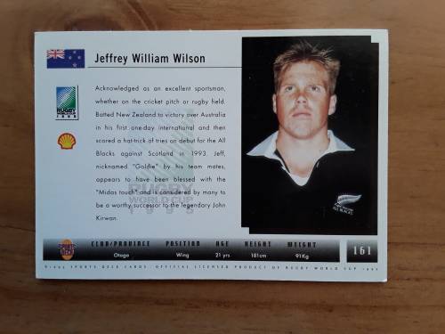 Sports Deck 1995 Rugby World Cup Collectors Cards: No 161 - Jeff Wilson (New Zealand)