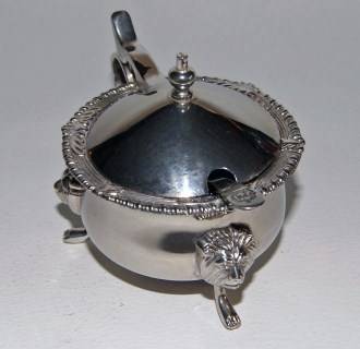 CLASSY SALT CELLAR WITH BLUE GLASS LINER AND A SPOON