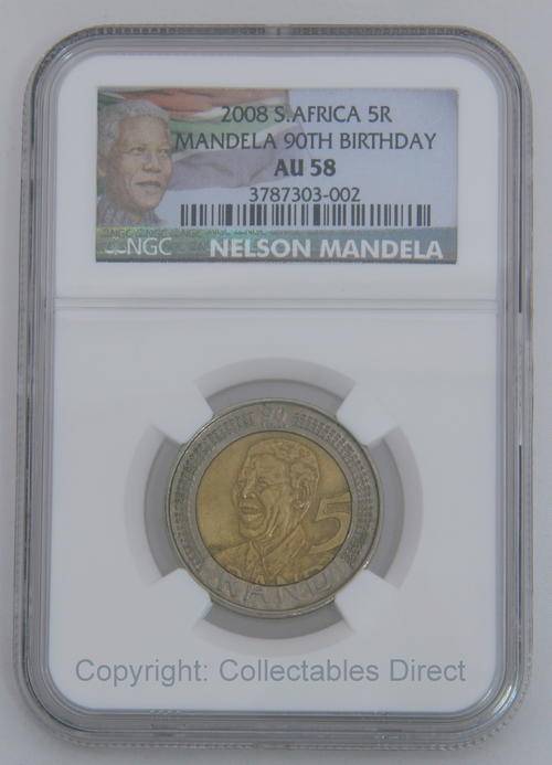 ***AU58***STUNNING Personalised Mandela Labelled 2008, 90th Birthday R5 ***NGC***Bid per coin