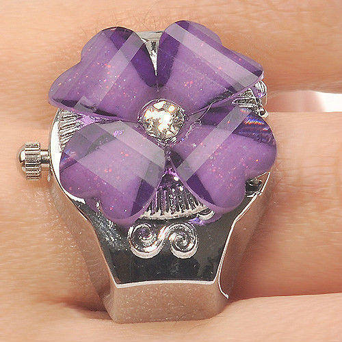 In Stock - Beautiful Ladies Purple Crystal Flower Ring Watch With Elastic Band