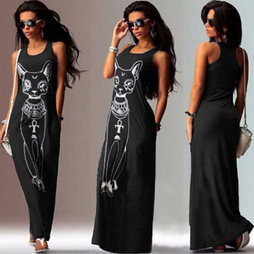 Women's Trendy Dark Red O-Neck Character Ankle-Length Sleeveless Maxi Dress