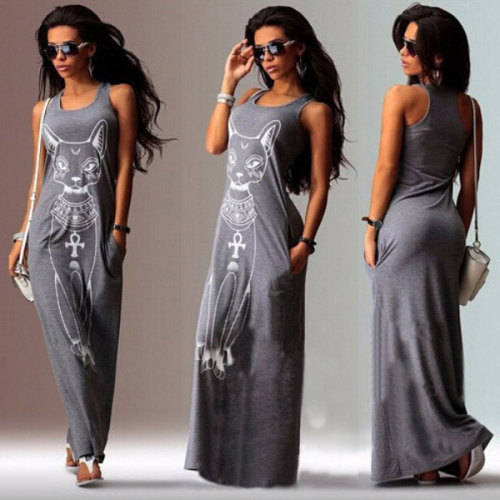 Women's Trendy Dark Red O-Neck Character Ankle-Length Sleeveless Maxi Dress