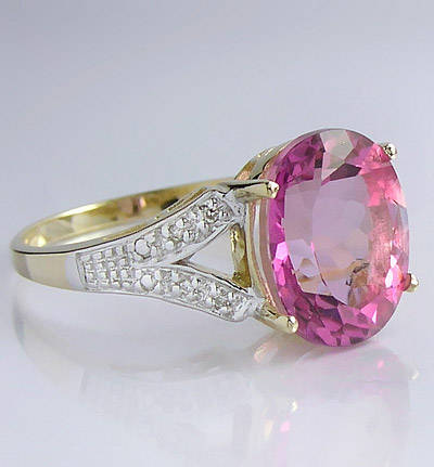 9K Solid Yellow Gold Genuine Pink Topaz & Diamond Ring