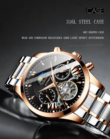 Mechanical Watch - Louiejuelen - Silver Watch Strap - Black Face