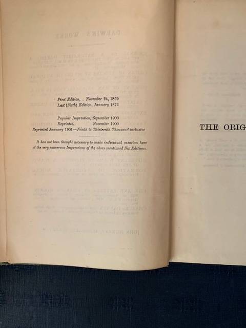 Origins of Species by C. Darwin, 1901 First Edition