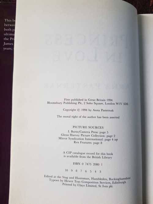 Princess Diana, Princess in Love, First Edition by Anna Pasternak.
