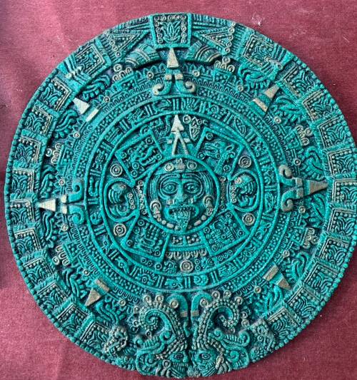 Vintage Mexican Aztec Mayan Calender, Cuauhxicalli turquoise green and gold