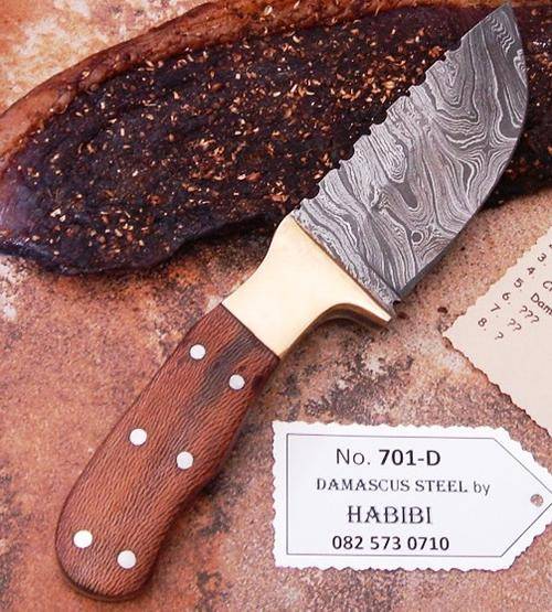 Damascus steel Biltong Knife. Brass/Bone/Wood, leather sheath.