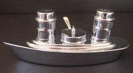 ART DECO  VINTAGE CHROME NOVELTY CRUET SET LENGTH 20CM INSERTS 8.5CM