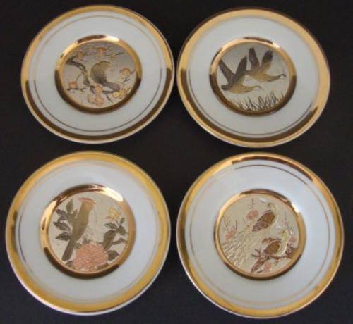 COLLECTABLE FOUR JAPANESE CHOKIN PLATES 22K GOLD "BIRD SCENES"  (PRICED FOR ALL FOUR PLATES)
