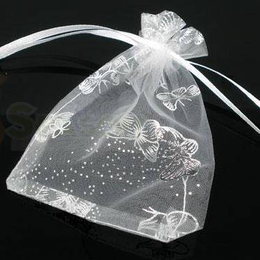 WHITE Organza Bags with SILVER BUTTERFLIES
