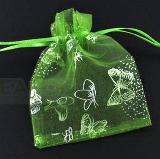 GREEN Organza Bags with SILVER BUTTERFLIES
