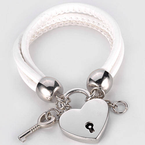 *PRETTY* Triple Strand White Leather Cord Bracelet with Lock & Key