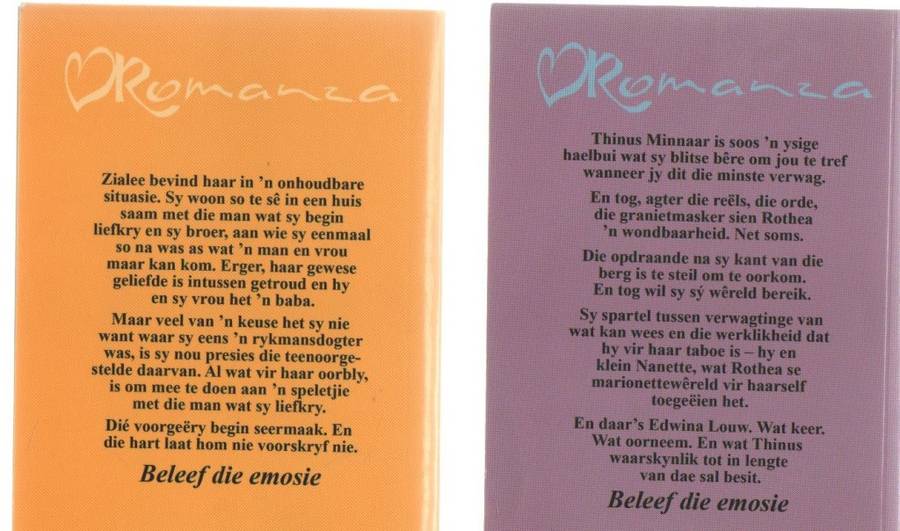 VIER ROMANZA TITELS: TUSSENSPEL, MOEILIKHEID MET `N MMERMIN, DROOMVANGER, MEER AS `N SPELETJIE