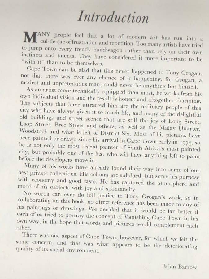 VANISHING CAPE TOWN - TONY GROGAN (1 ST EDITION 1976) TEXT BY BRIAN BARROW