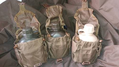 Lot of Army Water Bottles with pouches and Fire-Buckets