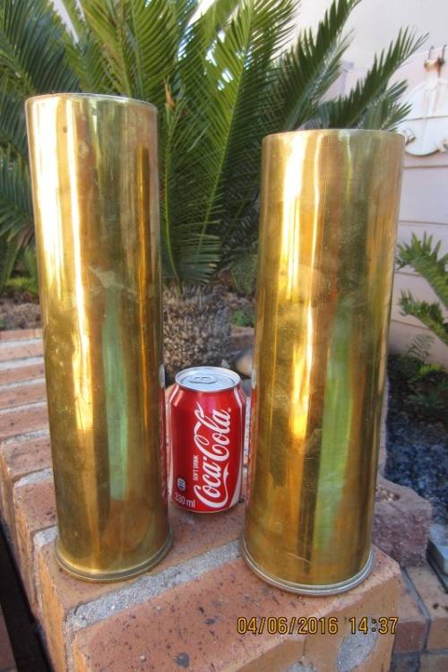 13 and 18 pounder Brass Cannon Cases.  Both 100 years old. Dated 1916