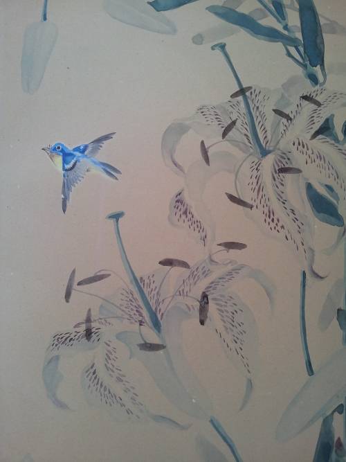 Toshio Aoki (1853-1912). Original Watercolour. Orchids and Hummingbird