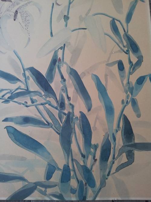 Toshio Aoki (1853-1912). Original Watercolour. Orchids and Hummingbird