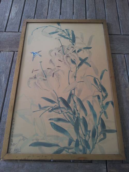 Toshio Aoki (1853-1912). Original Watercolour. Orchids and Hummingbird