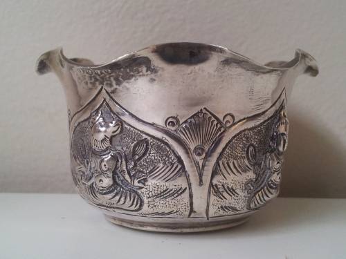 Solid Sterling Silver Indian Fluted Bowl. Hindu Deities. Madras.  Raj. Anglo-India. 59 grammes.