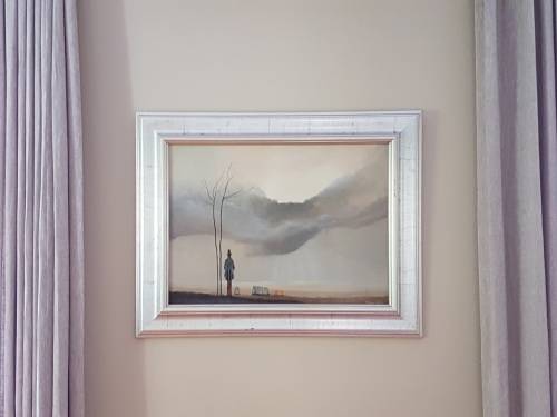 Antonio Falco. Man with Tree and Wagons. Listed Surrealist Spanish Artist. Original Oil in Frame.