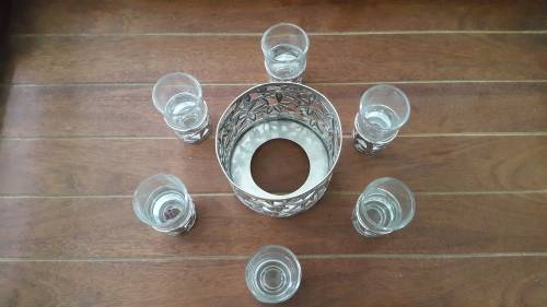 Japan 950 Silver Bottle and 6 Glass Holders Bamboo Leaf Filigree 164g Sake /Wine