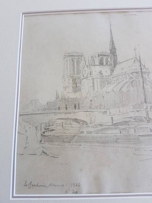 Alexander Graham Munro ( 1903-1985). Original drawing of Notre Dame, Paris and watercolour of Seine.