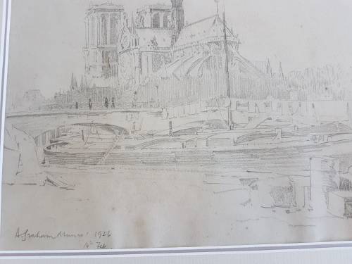 Alexander Graham Munro ( 1903-1985). Original drawing of Notre Dame, Paris and watercolour of Seine.