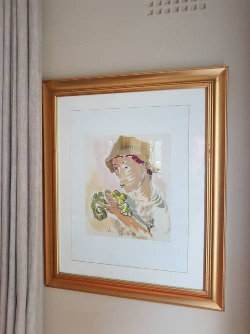 Irma Stern.Limited Edition Portfolio Print. Wine farm labourer with grapes. Excellent cond. , Framed