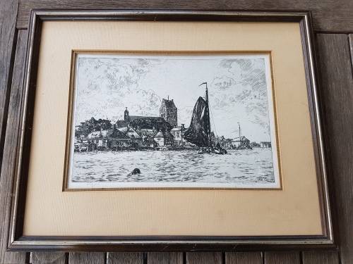 Johan Elsinga (1893-1969). Original etching. View of Grouw, Friesland, Netherlands from the water.