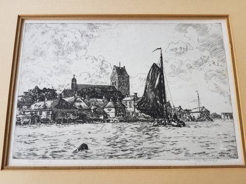 Johan Elsinga (1893-1969). Original etching. View of Grouw, Friesland, Netherlands from the water.