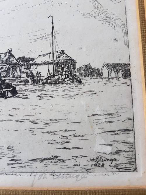 Johan Elsinga (1893-1969). Original etching. View of Grouw, Friesland, Netherlands from the water.