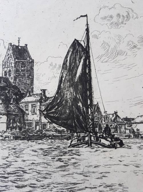 Johan Elsinga (1893-1969). Original etching. View of Grouw, Friesland, Netherlands from the water.