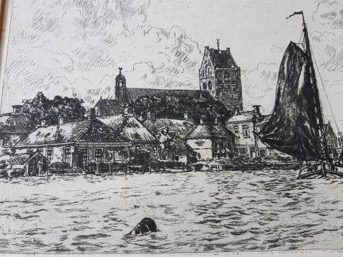 Johan Elsinga (1893-1969). Original etching. View of Grouw, Friesland, Netherlands from the water.