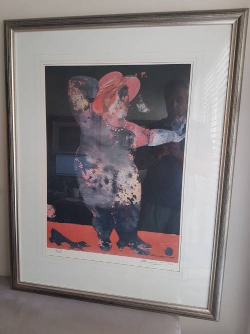 Meyer Uranovsky (1939-). Lady with Red Hat, Dog and Ball. Hand signed and dated limited print 85/300